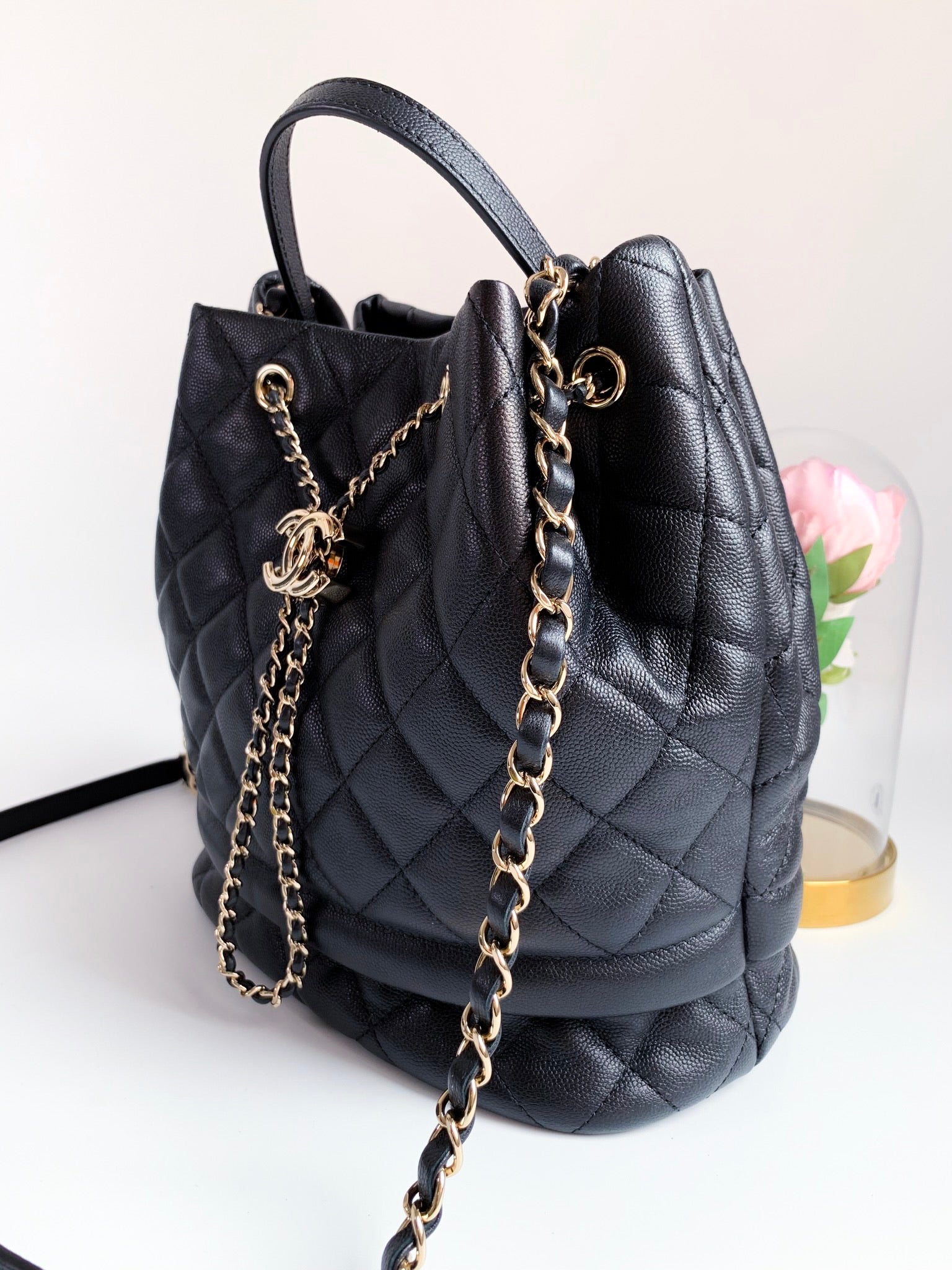 Chanel Drawstring Bag Goldtone Small Black in Grained Calfskin with  Goldtone  US